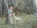 Maid crocheting in a field, with a goat standing beside