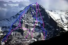 De 1932 a 1969: 1= Vía Lauper2= Vía Heckmair 3= Directísima Harlin4= Pilar norte vía polaca 5= Pilar norte vía Messner 6= Directísima japonesa