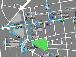 Mapa zonal de la estación de metro de El Carmen con los recorridos de las líneas de autobuses, entre las que aparece el 110.