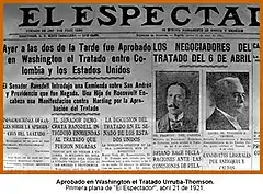 portada del periódico El Espectador donde muestra la aprobación del tratado Urrutia-Thomson.