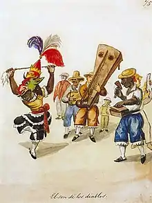 Acuarela de Pancho Fierro (siglo XIX), donde se aprecia una quijada usada como instrumento musical.