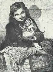 Two Little Monkeys, muestra en blanco y negro de la acuarela elaborada por Elizabeth Heaphy de Murray, en la que se muestra una niña con aspecto enfermizo que sostiene entre sus brazos un monito, símbolo de la pintura victoriana.