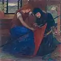 Dama colocando un banderín en la lanza de un caballero, 1856.