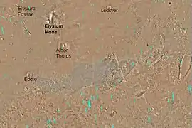 Mapa del cuadrángulo de Elysium. Elysium Mons y Albor Tholus son grandes volcanes. El cráter Eddie está a la izquierda.