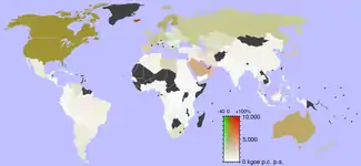 Consumo de energía per cápita expresada en kilogramos de petróleo equivalente (kgoe) por persona en el año 2001 por país. En negro los países del cual no se recogieron datos, en colores claros los países con menor consumo, en colores fuertes los países con mayor consumo; los tendientes al rojo son los que han mostrado aumento de consumo y los tendientes al verde son los que han mostrado disminución en su consumo. Fuente: International Energy Agency (IEA) Statistics Division 2006.