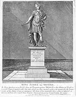 La estatua en los terrenos del Jardín Privado del Palacio de Whitehall. Grabado de N. Smith (1791)
