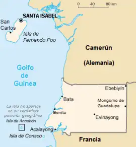 Fronteras de la Guinea española desde el Tratado de París de 1900 hasta la independencia en 1968.