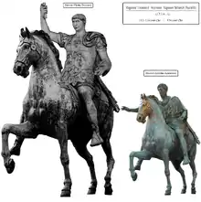 Comparación del posible aspecto y dimensiones de la desaparecida estatua ecuestre de Trajano con la estatua ecuestre de Marco Aurelio.