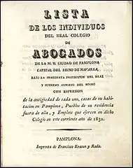 Impreso del Colegio de Abogados de Pamplona constituido recientemente (1832)