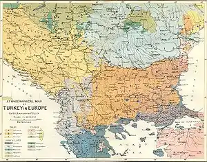 Mapa etnográfico de 1880 de los Balcanes