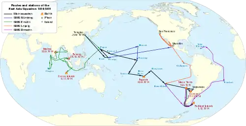 Un mapa de los océanos Pacífico y Atlántico, que muestra la ruta de los barcos; el Dresden navegó desde el Caribe rodeando América del Sur al Pacífico