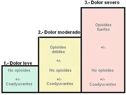 Escalas de dolor
1º Escalón (dolor leve): no opioides +/- coadyuvantes
2º Escalón (dolor moderado): opioides débiles +/- no opioides +/- coadyuvantes
3º Escalón (dolor severo): opioides fuertes +/- no opioides +/- coadyuvantes