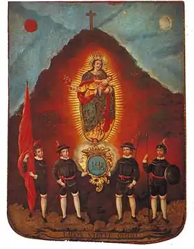 Escudo de la ciudad de Zacatecas con los retratos de sus cuatro nobles fundadores