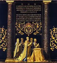 Grupo de orantes de Carlos V en el Escorial, de los Leoni (reproducción pictórica de Pantoja de la Cruz).