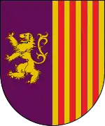 Escudo de armas del antiguo municipio de Sant Salvador de Toló. Partido, primero de púrpura, un león de oro; segundo de oro, cuatro palos de gules.