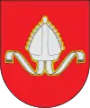 Escudo de armas del antiguo municipio de Sant Serni. De gules, una mitra de ovispo de plata fileteada de oro.