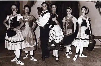 Esmeralda Agoglia y José Neglia con integrantes del Cuerpo de Baile del Teatro Argentino de La Plata, en una escena del ballet "El sombrero de tres picos", julio de 1963.-