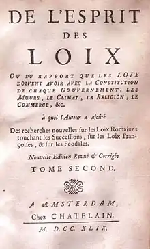 Portada de De l'esprit des loix, de Montesquieu.