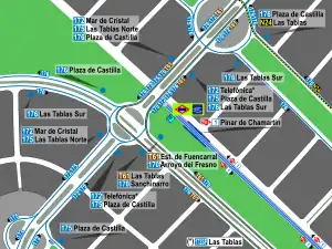 Mapa de la estación de Las Tablas con los accesos al Metro y los recorridos de los autobuses de la EMT que pasan por ella, entre los que se encuentra la línea 172.