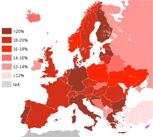 Población europea de 65 años o más en 2018