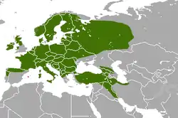 Distribución de la marta (verde) y zona de introducción (rojo)