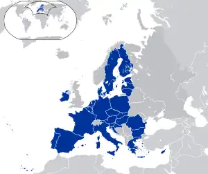 La UE (en azul) dentro de Europa (en gris oscuro).(no incluye las regiones ultraperiféricas ni los territorios especiales)