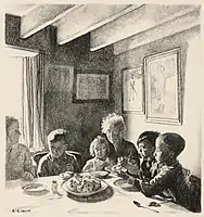 Litografía en la que se representa un interior de varios niños y una mujer adulta comiendo alrededor de una mesa. En las paredes se ven cuadrostos  n