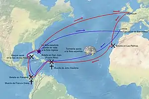 Recorrido aproximado de la expedición de Francis Drake y de John Hawkins de 1595-1596 (en rojo) y del seguimiento y final ataque naval de la flota de Bernardino de Avellaneda y Juan Gutiérrez de Garibay (en azul)