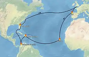 Ruta de la expedición en la que participó Francis Drake, que partió de Plymouth en 1585 y regresó a Portsmouth en 1586.