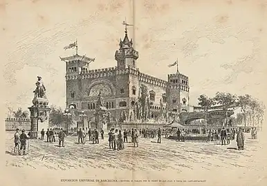 Entrada al parque por el Salón de San Juan y vista del café-restaurante (Castillo de los Tres Dragones)