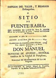 Sitio de Fuente Rabia, traducción del latín por Miguel Silvestre de Arlegui, "maestro de gramática" en Sangüesa (1763)