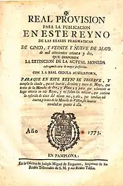 Real Provisión sobre la "extinción de la actual moneda" (1773). Luce en la portada el escudo real