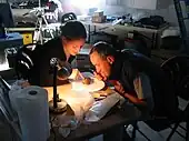 Charles Frankel and Cathrine Frandsen of Crew 3 examine rock samples in the FMARS lab on July 22, 2001.