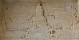 Benedetto Briosco, detalle del portal de la Cartuja de Pavía (1501), se puede ver el Parque Visconteo y al fondo Pavía y el Castillo Visconteo.