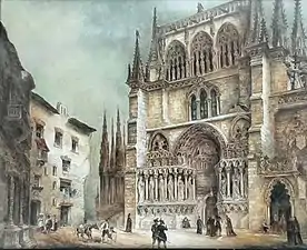 "Fachada de la Catedral" (Puerta Alta de la Catedral de Burgos, España), en gouache sobre papel, antes de 1842.