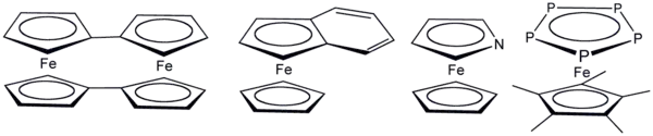 Varios derivados del ferroceno donde el ciclopentadienilo ha sido reemplazado por ligandos parecidos.