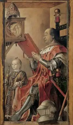 El duque Federico de Montefeltro y su hijo, en el studiolo del Palacio de Urbino.