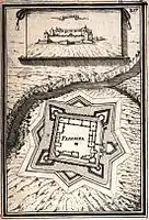 Castillo de Ferreira, fortificado por Manesson Mallet después del asedio por el mariscal Federico de Schomberg el 27 de abril de 1667 (Les Travaux de Mars, t. I, pl. CXXXII).