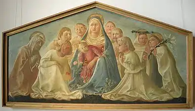 Madonna Trivulzio (temple sobre tabla, hacia 1430), obra de Filippo Lippi, siguiendo a Masaccio en la escuela florentina del Quattrocento, entre niños, monjes y santa Ana.