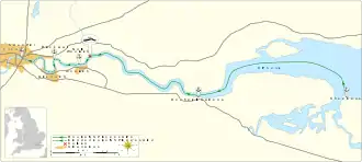 Map of the Thames from London Bridge to Sheerness, showing the positions of  Blackwall, North Woolwich and Rosherville Gardens in between.