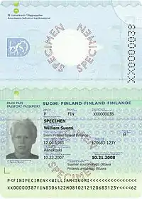 Pasaporte de tipo actual sin chip RFID (emitido únicamente en las embajadas finlandesas en el extranjero)