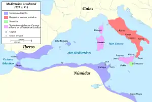 A map of the western Mediterranean showing the territory ceded to Rome by Carthage under the treaty.