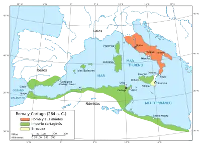 Un mapa del Mediterráneo occidental que muestra el territorio controlado por Cartago y Roma al comienzo de la primera guerra púnica.