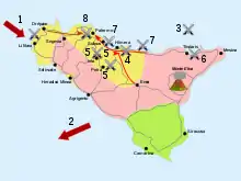 a map of Sicily showing Rome and Carthage's territories, movements and the main military clashes 253-251 BC