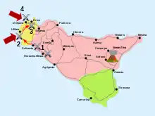 a map of Sicily showing Rome and Carthage's territories, movements and the main military clashes 253-251 BC