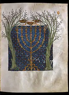 Menorá de la visión del profeta Zacarías. Biblia de Cervera, 1299-1300. Manuscrito sefardí ilustrado.