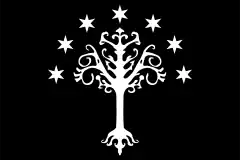 Bandera de Gondor, con fondo negro y un árbol blanco coronado con siete estrellas blancas