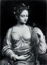 Atribuido a Francesco Melzi, Flora, hacia 1510. Óleo sobre panel. Paradero desconocido (anteriormente París, colección Príncipe I. de Baranowicz).