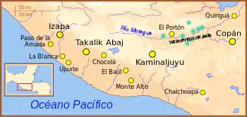 Mapa que muestra la ubicación de Quiriguá al extremo oriente de la cuenca del Motagua y que muestra una concentración de fuentes de jade, río arriba hacia el oeste. La región está bordeada por el Océano Pacífico al suroeste.