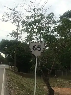 Señal de identificación de una Ruta nacional. En este caso corresponde a la Ruta Nacional 65 en el departamento del Casanare.